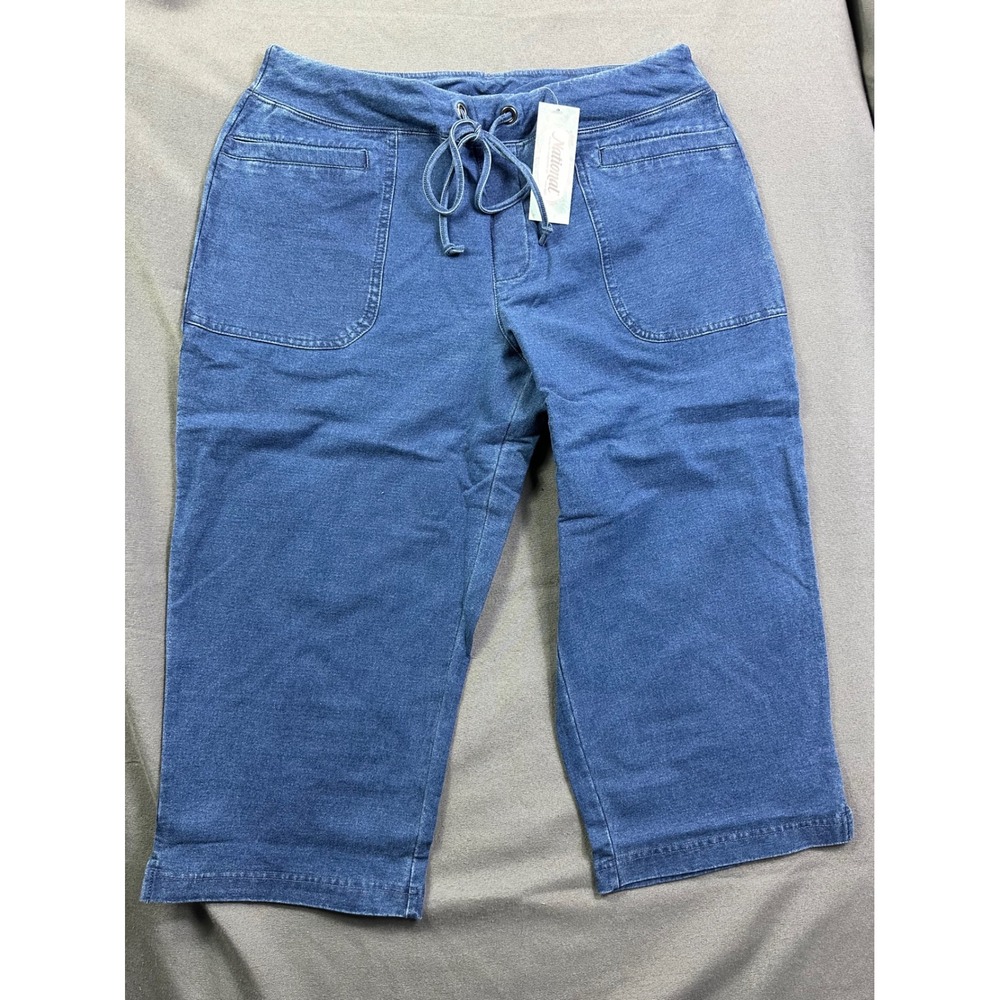 National Women's Knit Denim Capri Pants Blue Drawstring Waist Petite 16P NEW